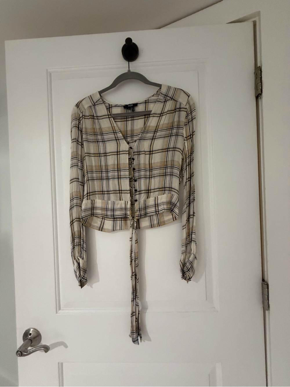 PAIGE Cream Plaid Tie-Front Button Blouse